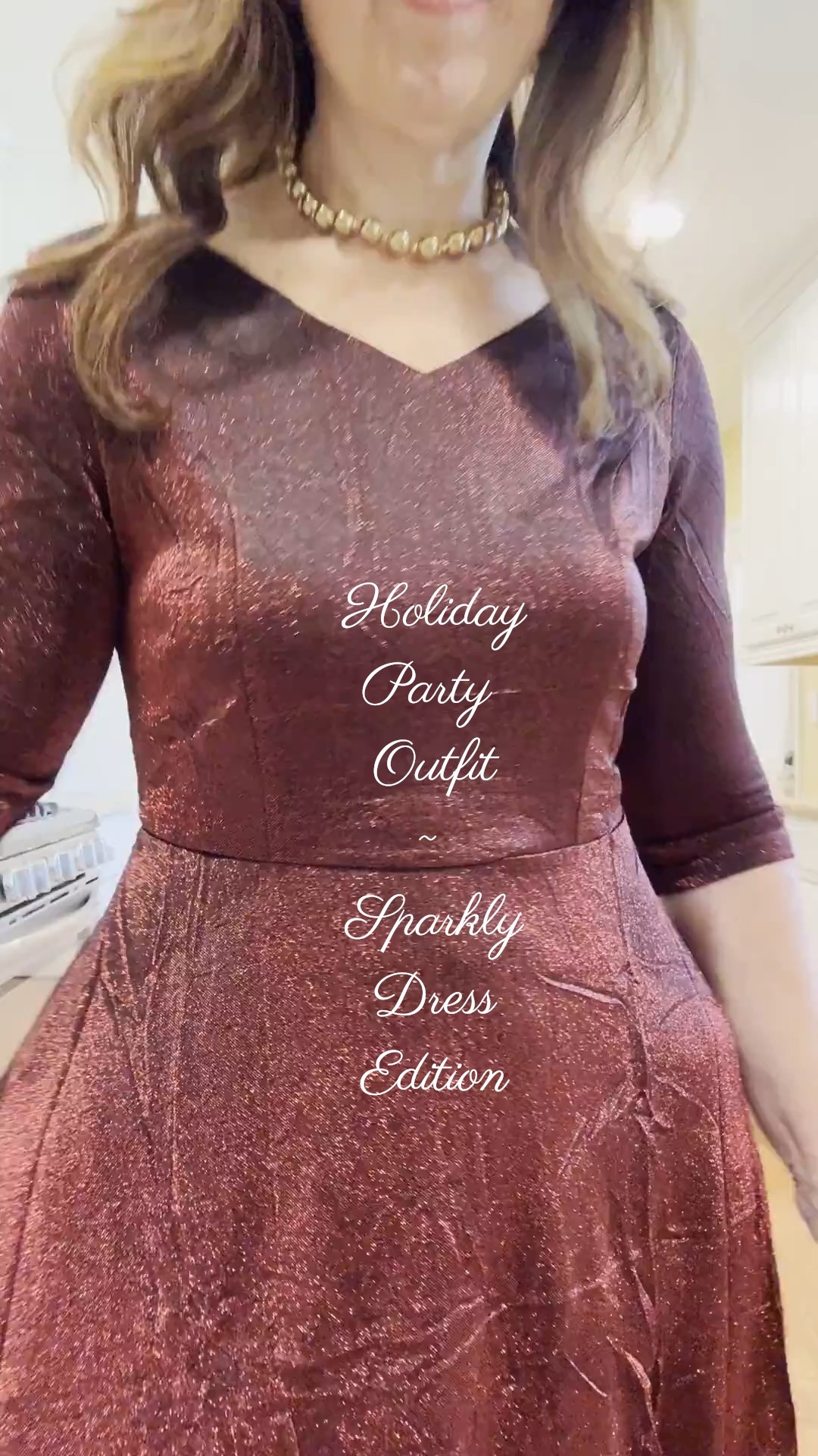 Sparkly, classic fit and flair, midi, 
V-neck dress with pockets and sleeves just below the elbows for a modest fit.
The fabric is soft with a quality double lined finish.

#LTKMidsize #LTKHoliday #LTKOver40