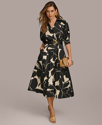 Donna Karan New York Women's Printed Faux-Leather Belt Midi Shirtdress - Macy's | Macy's