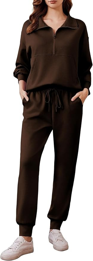 PINSPARK 2 Piece Sets for Women 2025 Fall Travel Outfits Long Sleeve Tracksuit Joggers Sets Half ... | Amazon (US)
