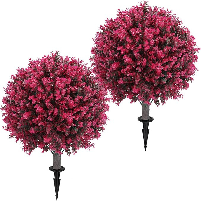 Artificial Red Eucalyptus Topiary Ball Tree 24" with Ground Spike, Set of 2 Artificial Boxwood Bu... | Amazon (US)