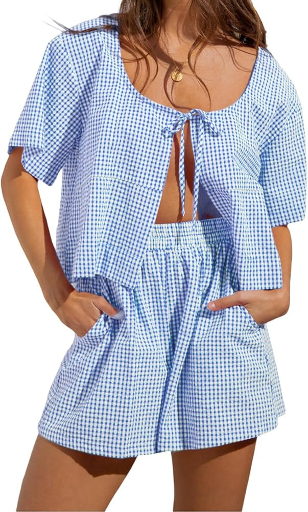 KOSUSANILL Y2k Pajamas Set Women 2 Piece Tie Front Plaid Gingham Short Sleeve Blouse Top Preppy S... | Amazon (US)