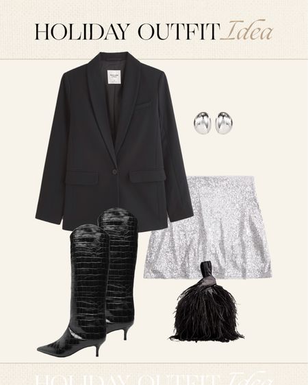 Holiday outfit idea ✨ black blazer, sequin skirt, black books, feather bag

#LTKfindsunder100 #LTKHoliday #LTKstyletip
