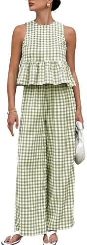 Womens 2 Piece Gingham Sets Sleeveless Summer Matching Sets | Gingham Plaid Ruffle Tank Tops, Wid... | Amazon (US)