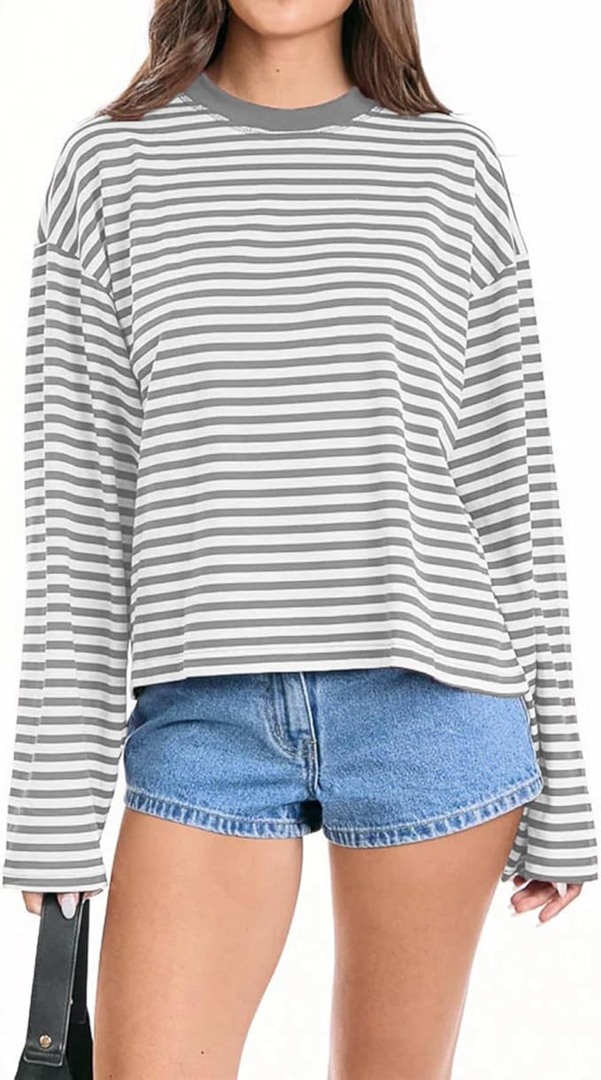 KOSUSANILL Women Oversized Striped Long Sleeve Shirt Crewneck Cropped Tops Drop Shoulder Y2K Prep... | Amazon (US)