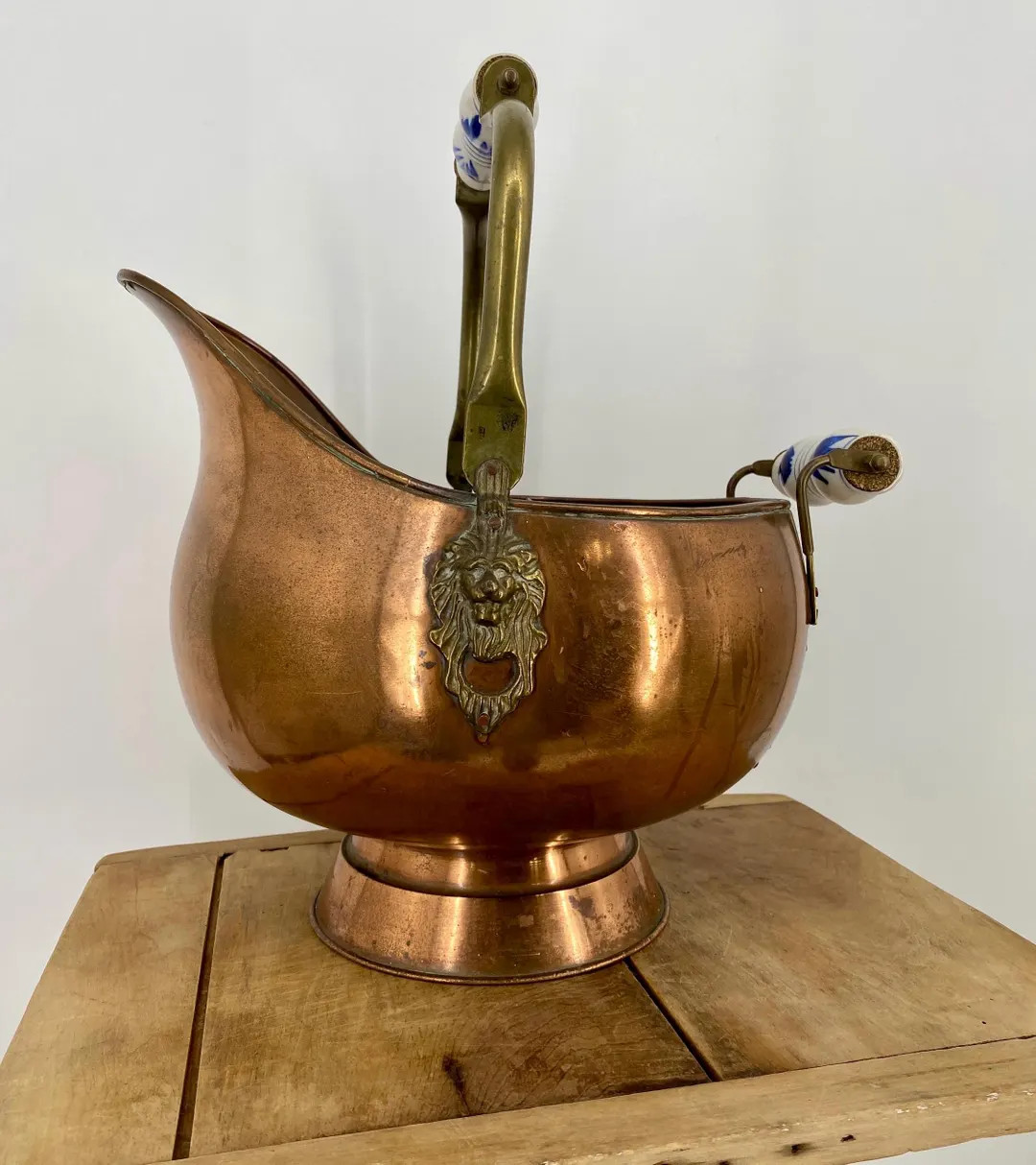 Large 16” Copper Scuttle Coal Ash Bucket with Delft Ceramic Handles Lions Head | Etsy (US)