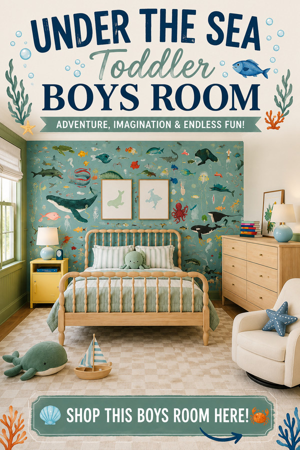 Dive into this under the sea toddler boys room filled with ocean-inspired decor, a stunning marine life wall mural, warm