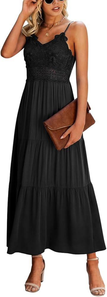 Dokuritu Women's Beach Crochet Lace Maxi Dress Solid Color Summer Vacation Spaghetti Strap Long D... | Amazon (US)