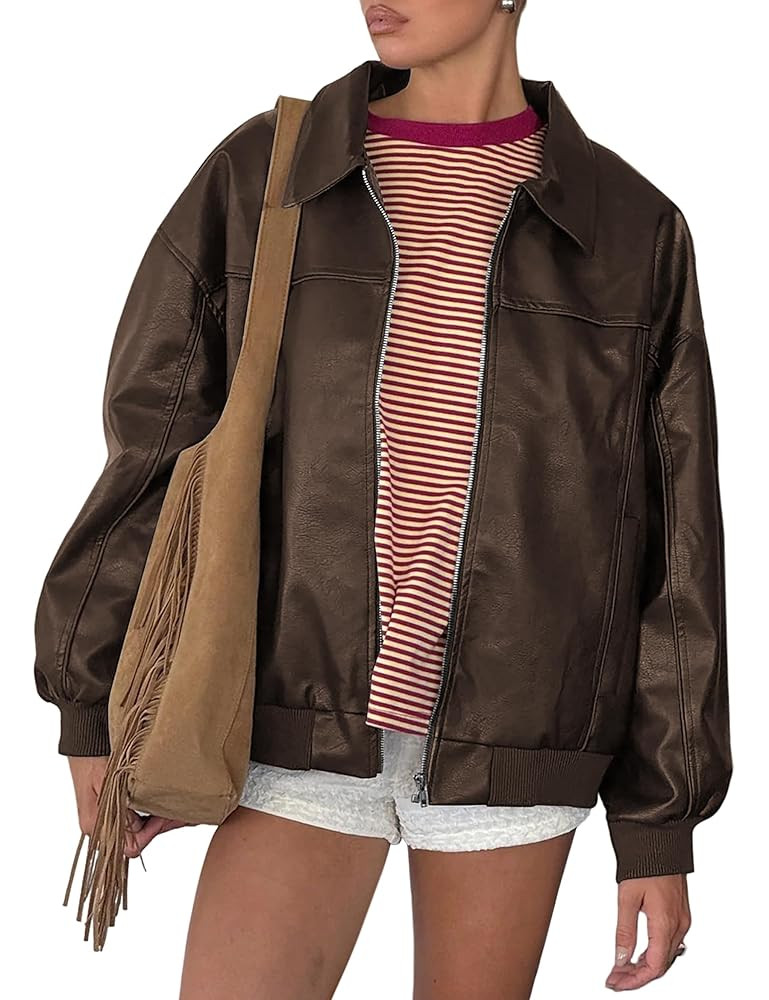 FOMELY Faux Leather Jacket Women Oversized Bomber Motorcycle Y2K Moto Biker Racer Fall Coat with ... | Amazon (US)
