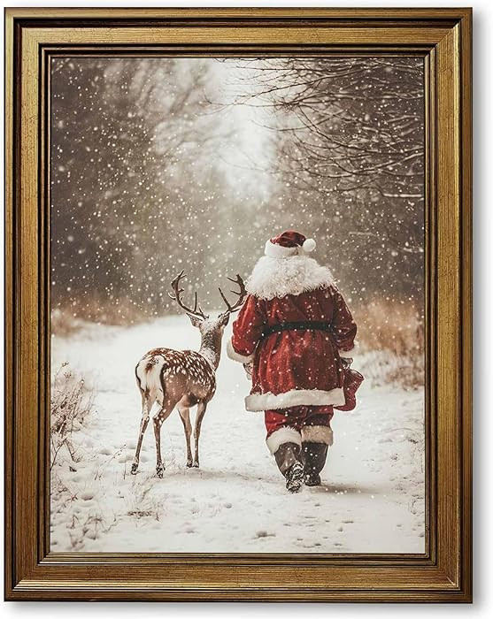 Gold Framed Vintage Christmas Canvas Wall Art Santa Claus and Reindeer Poster Snowy Holiday Winte... | Amazon (US)