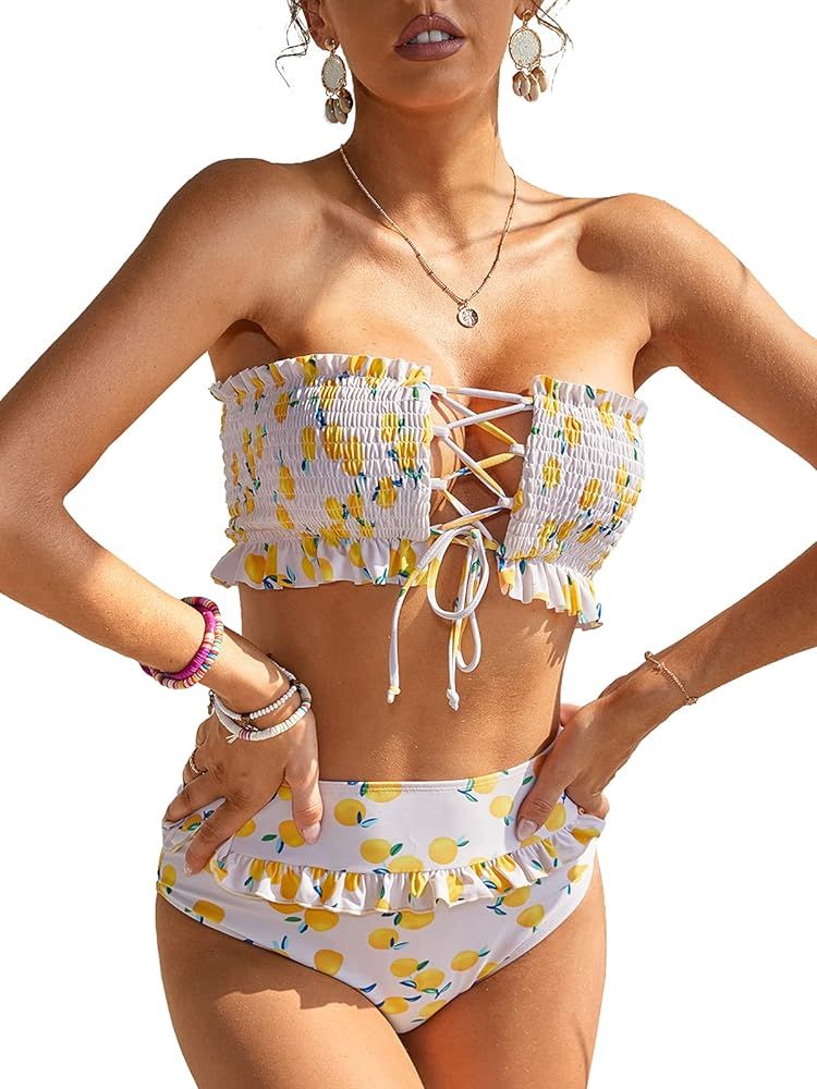 MOLYBELL Women Cute Shirred Bandeau Bikini Sets High Waisted Strapless Girls Bathing Suit Ruffled... | Amazon (US)