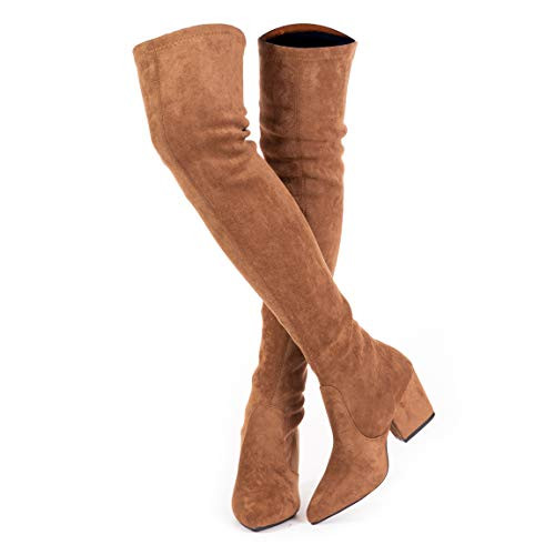 Mtzyoa Over The Knee Boots for Women Brown Size 11 Block Heel Thigh High Suede Long OTK Winter Low Above knee Pointed Toe | Amazon (US)