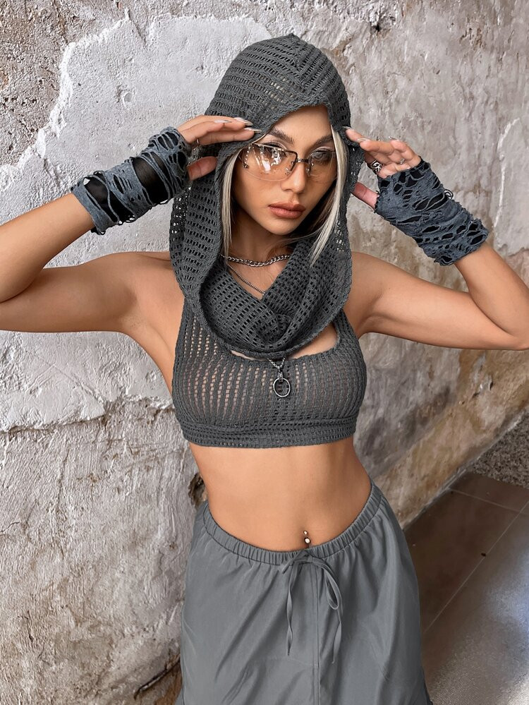 SHEIN ICON Solid Crop Tie Backless Hooded Halter Top Without Gloves | SHEIN