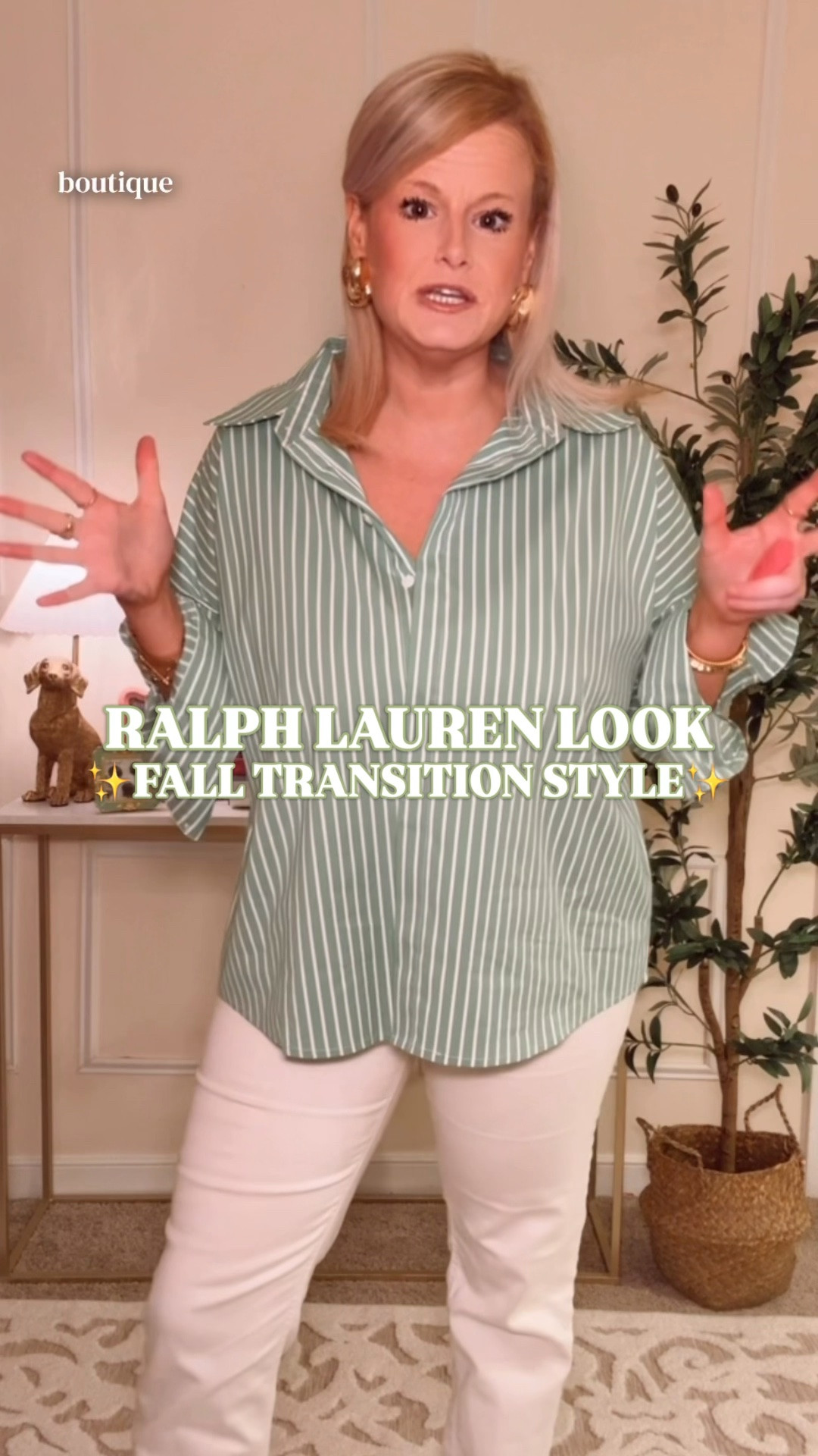 Ralph Lauren look | green striped button down | fall transition outfit | teacher outfit

This Avara green striped button up has the crisp, all-American shirting language I associate with Ralph Lauren: green and white banker stripes, relaxed menswear proportions, a spread collar, tailored cuffs and a clean concealed button front. It brings that polished heritage preppy feeling into a layer made for late summer and cooler fall days.

I’m in a large, and the fit is roomy. If you are between sizes, go down. It falls at the hip, giving you enough coverage to wear it loose, half tucked or open over a fitted tee.

The fabric is 72% cotton, 25% nylon and 3% spandex, so the top has a little stretch.

Wear it with white jeans and flats now, then dark denim, navy trousers or loafers for September and October. It works for teacher outfits, business casual workwear, office outfits, travel days, school pickup, brunch and polished weekend outfits. The green stripe bridges late summer and fall beautifully, earning wear before sweater weather and well after it arrives.

Avara top, green striped shirt women, green button down shirt, striped button up women, oversized button down, cotton stretch shirt, Ralph Lauren inspired outfit, designer look for less, preppy fall style, early fall outfits, transitional fall outfit, teacher outfits women, work outfits women, business casual top, casual office outfit, travel outfit women, white jeans outfit

#LTKFindsUnder100 #PreppyStyle #LookForLess #Avara #TeacherOutfit #WorkOutfits #BackToSchoolOutfits

#LTKSeasonal #LTKWorkwear #LTKootd