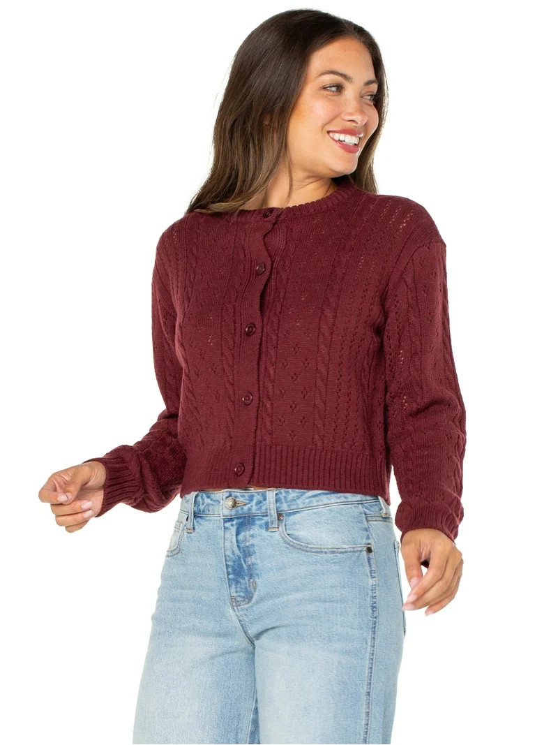 Celebrity Pink Women's Pointelle Crew Neck Cardigan Sweater, Sizes XS-XXXL | Walmart (US)