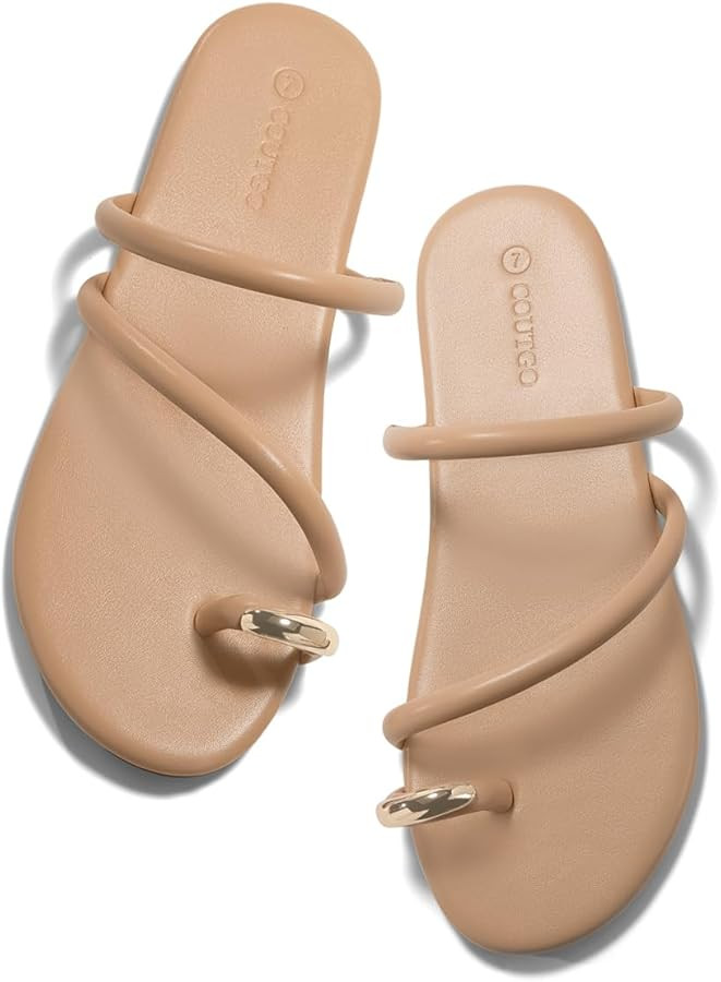 Coutgo Womens Strappy Flat Sandals Square Open Toe Flip Flops Slides Toe Ring Summer Dress Shoes | Amazon (US)
