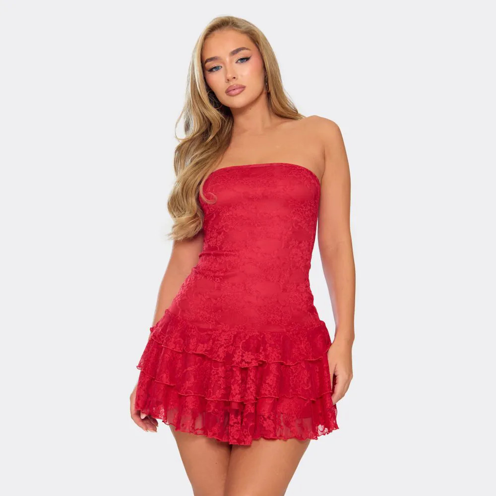 Bandeau Frill Hem Mini Dress In Red Lace | EGO (UK)
