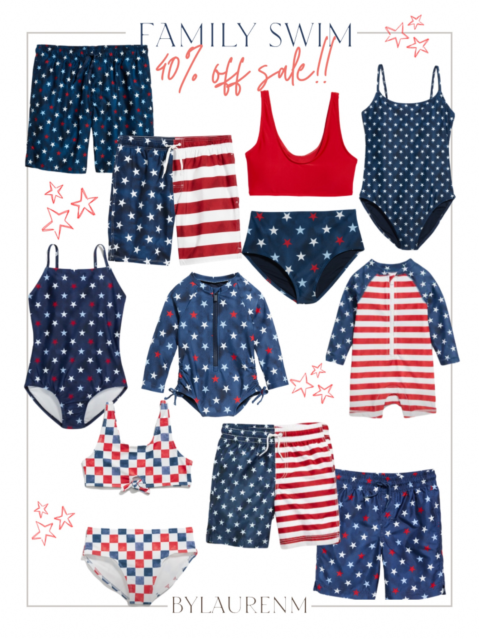 40% off! Memorial Day, 4th of July, July fourth, red white and blue, Stars and Stripes, Americana, patriotic swim, swimsuits, swim trunks, rash guard, kids swimsuits, matching swim. 

#LTKsalealert #LTKfamily #LTKswim