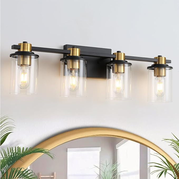LOUSACE Bathroom Lighting Fixtures Black and Gold 4 Light Bathroom Vanity Light Over Mirror with ... | Amazon (US)