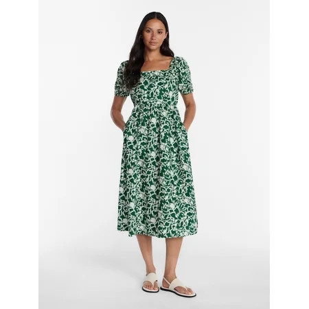 Time and Tru Women s Tie Back Cotton Midi Dress with Short Puff Sleeves Sizes XS-XXXL | Walmart (US)