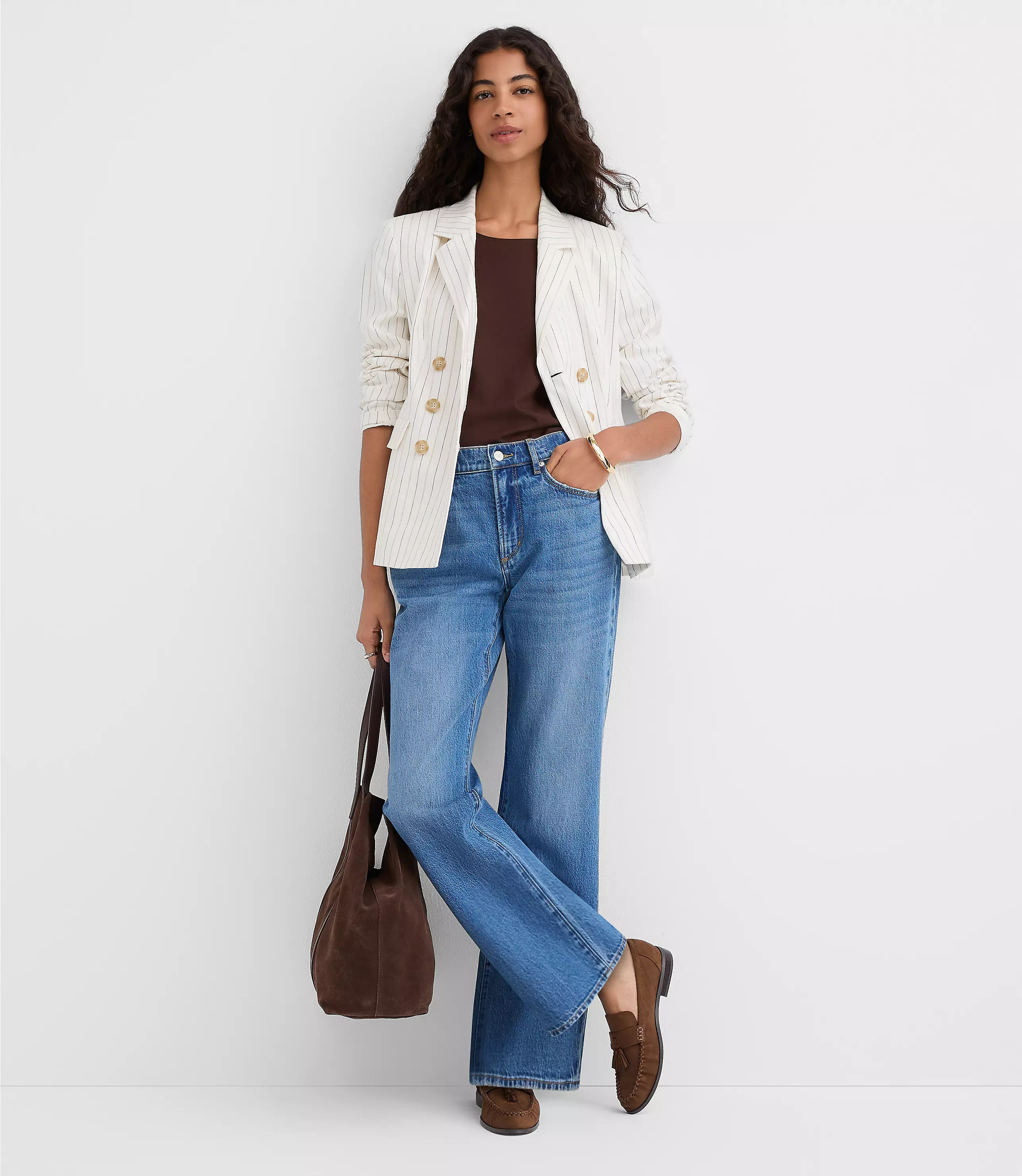Petite Pinstripe Cotton Linen Double Breasted Blazer | LOFT