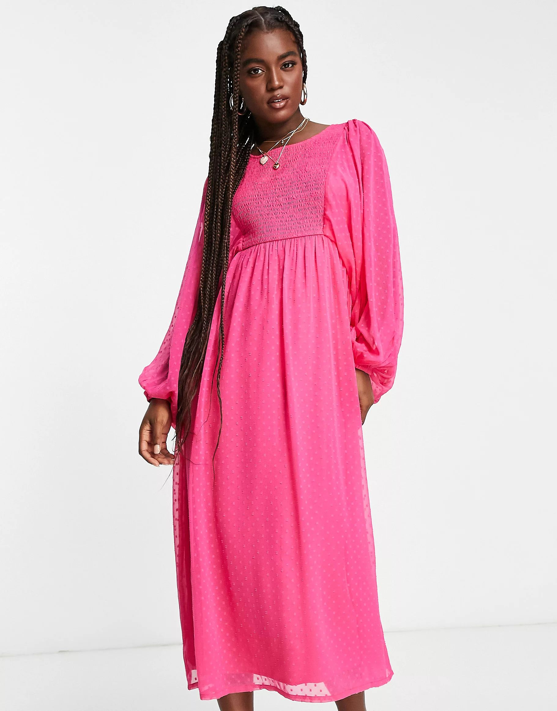 Miss Selfridge textured shirred midi dress in hot pink | ASOS (Global)