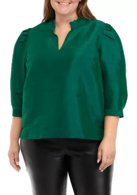 Crown & Ivy Women's Plus Size Blouson Sleeve Ruffle Neck Top, Green, 1X | Belk