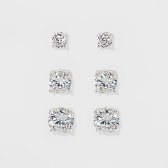 Women's Fashion Trio Crystal Round Stud Earring Set 3pc - A New Day™ Silver | Target