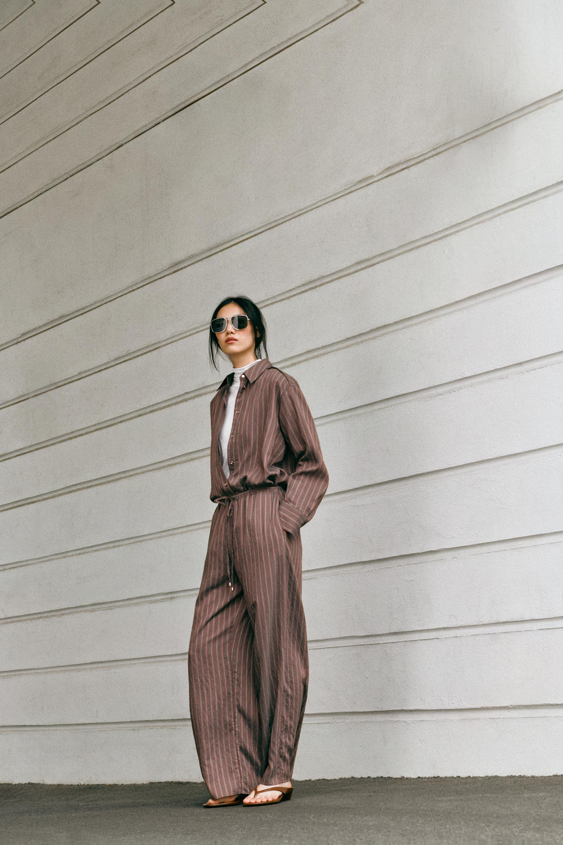 Zara - Striped Wide-Leg Trousers - Brown / Ecru - L - Woman | Zara UK