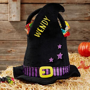 Witch Hat Embroidered Plush Halloween Treat Bag | Personalization Mall