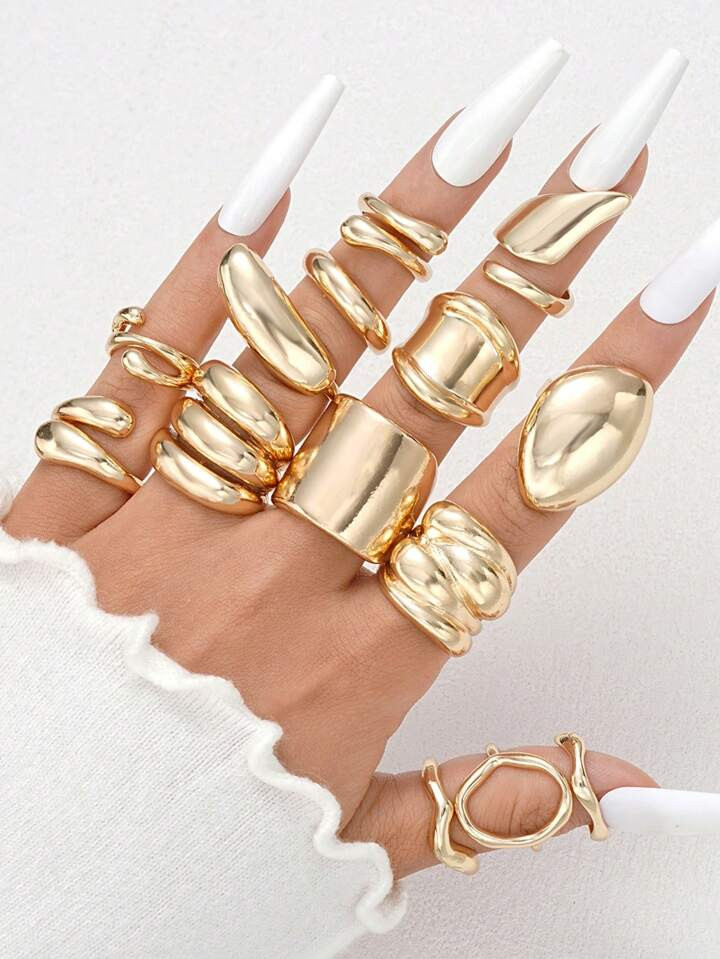14pcs Exaggerated Smooth Asymmetrical Shape Rings Set For Women, Casual Everyday Wear, Girlfriend/Birthday Gift | SHEIN
