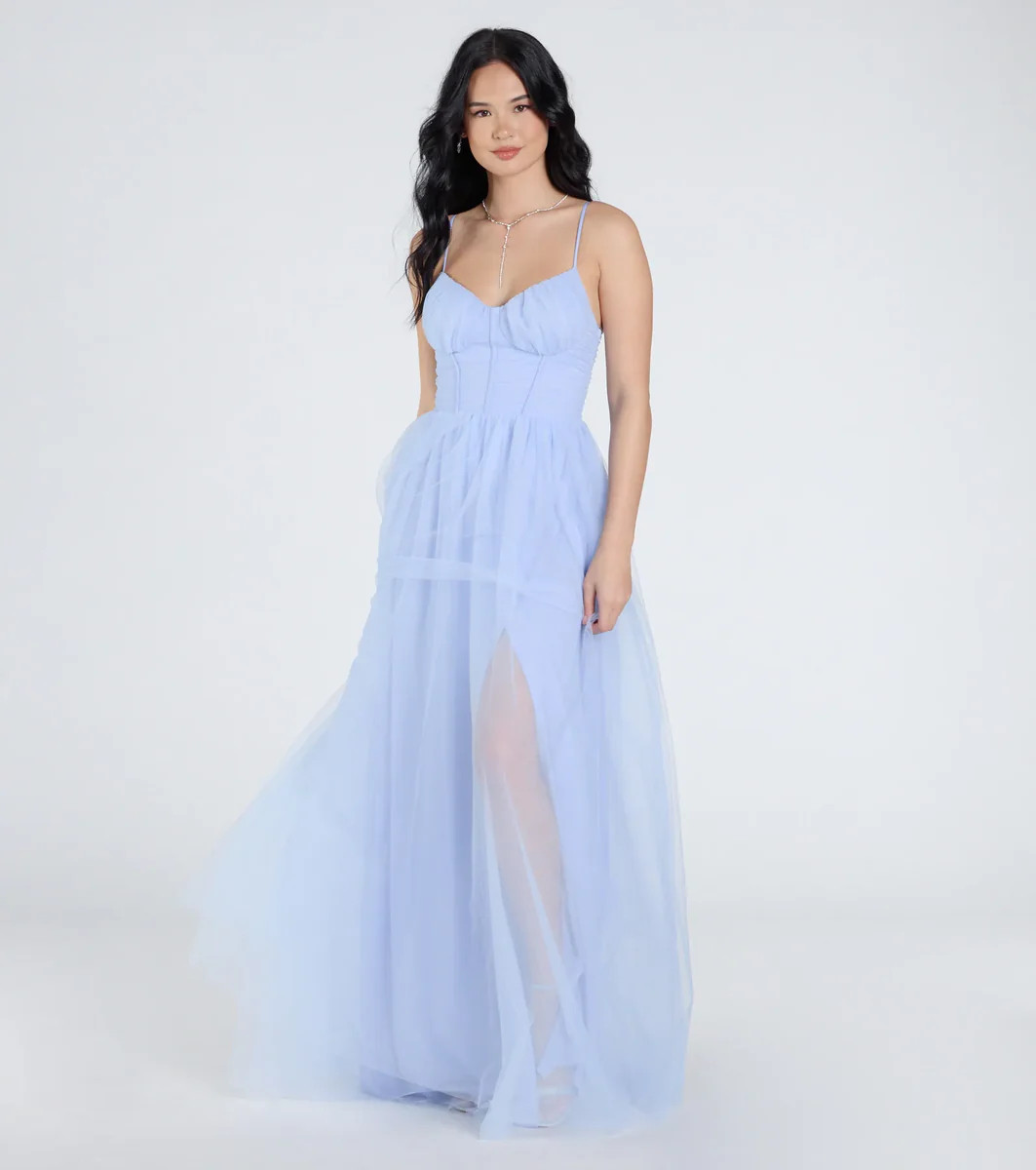 Kim Corset Slit A-Line Tulle Formal Dress | Windsor Stores