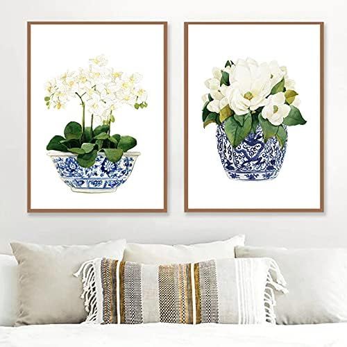 Amazon.com: White Orchid & Magnolia Watercolor Chinoiserie Decor Canvas Print Oriental Vase Blue ... | Amazon (US)