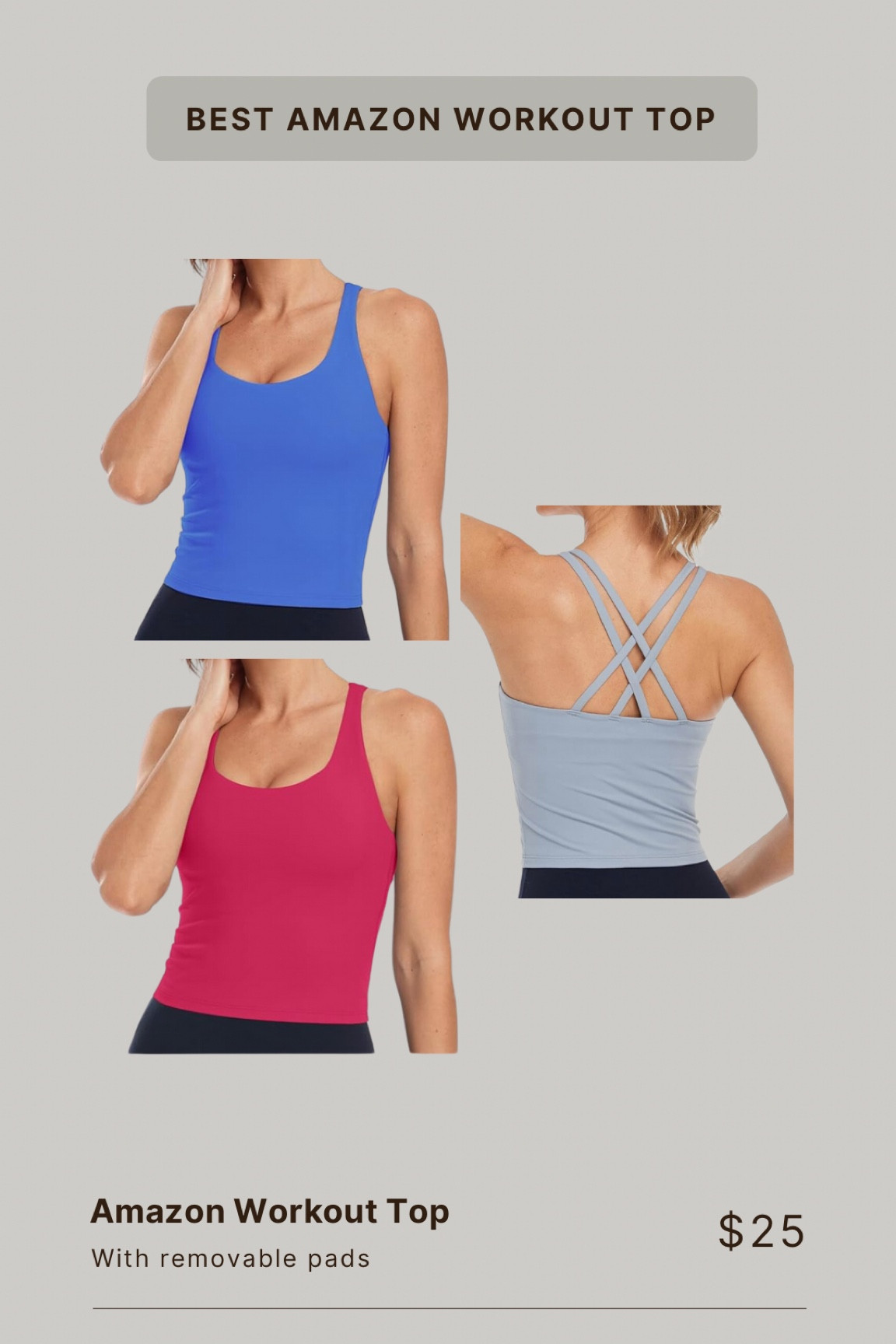 These are the only tops I will workout in! They have built in bras with removable pads which makes it so easy to throw one on and go! I love these tops. I do recommend sizing up one size for comfort! 

They’re only $25 on Amazon! 

#LTKFitness #LTKFindsUnder50