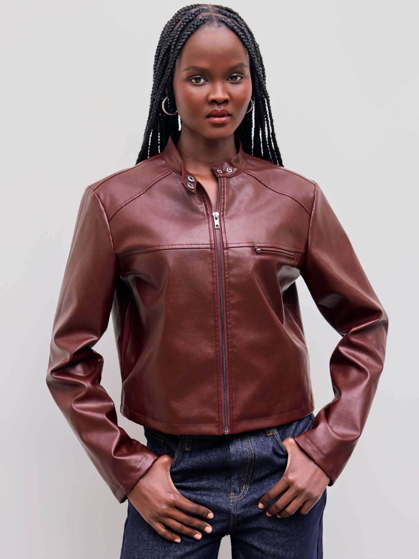 Faux Leather Stand Collar Solid Zipper Pocket Biker Jacket | Cider