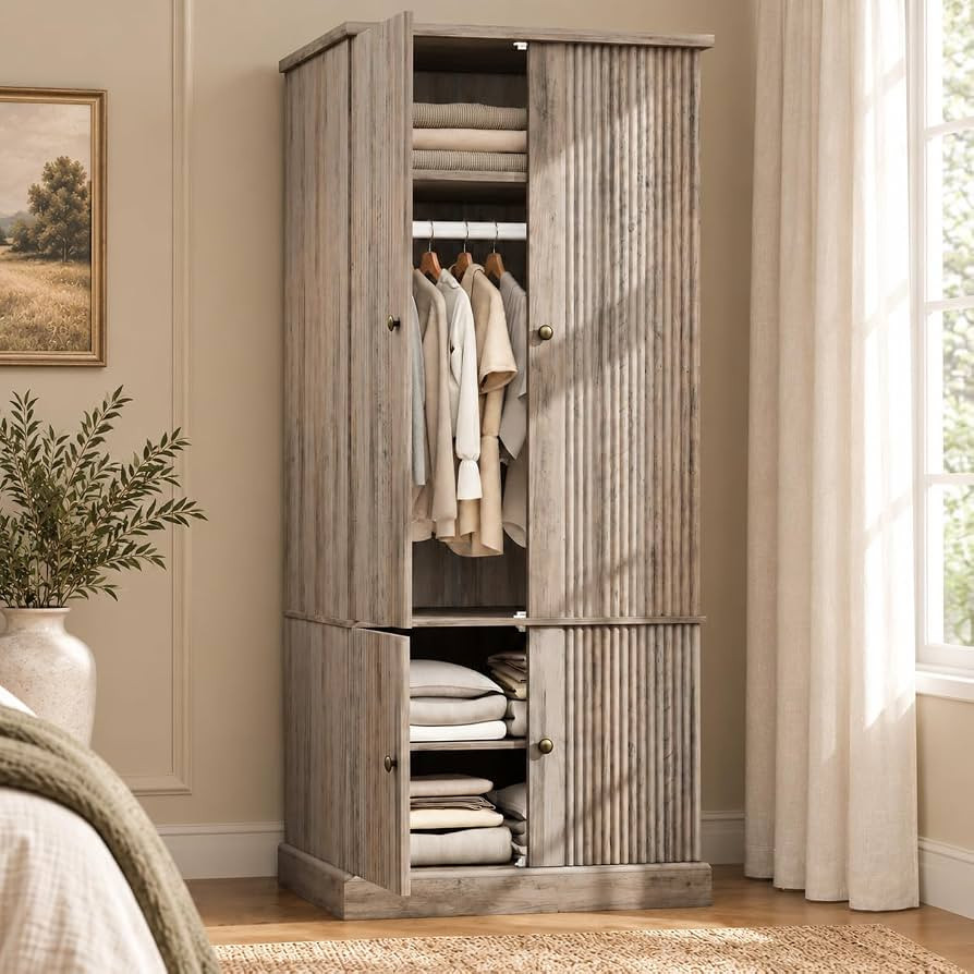 Garvee 72" Tall Armoire Wardrobe Closet, Fluted Wood, 4 Doors, Retro Gray | Amazon (US)