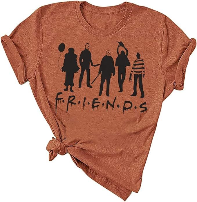 Halloween Friends Shirt Women Funny Halloween Party Shirt Horror Movies Novelty Graphic Short Sle... | Amazon (US)