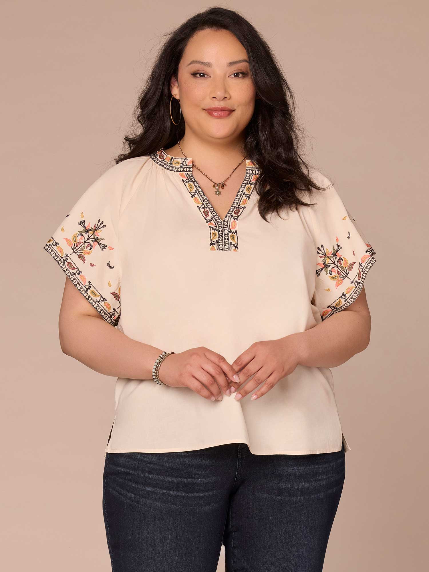 Short Batwing Sleeve Split Neck Embroidered Plus Size Woven Top | Democracy Clothing