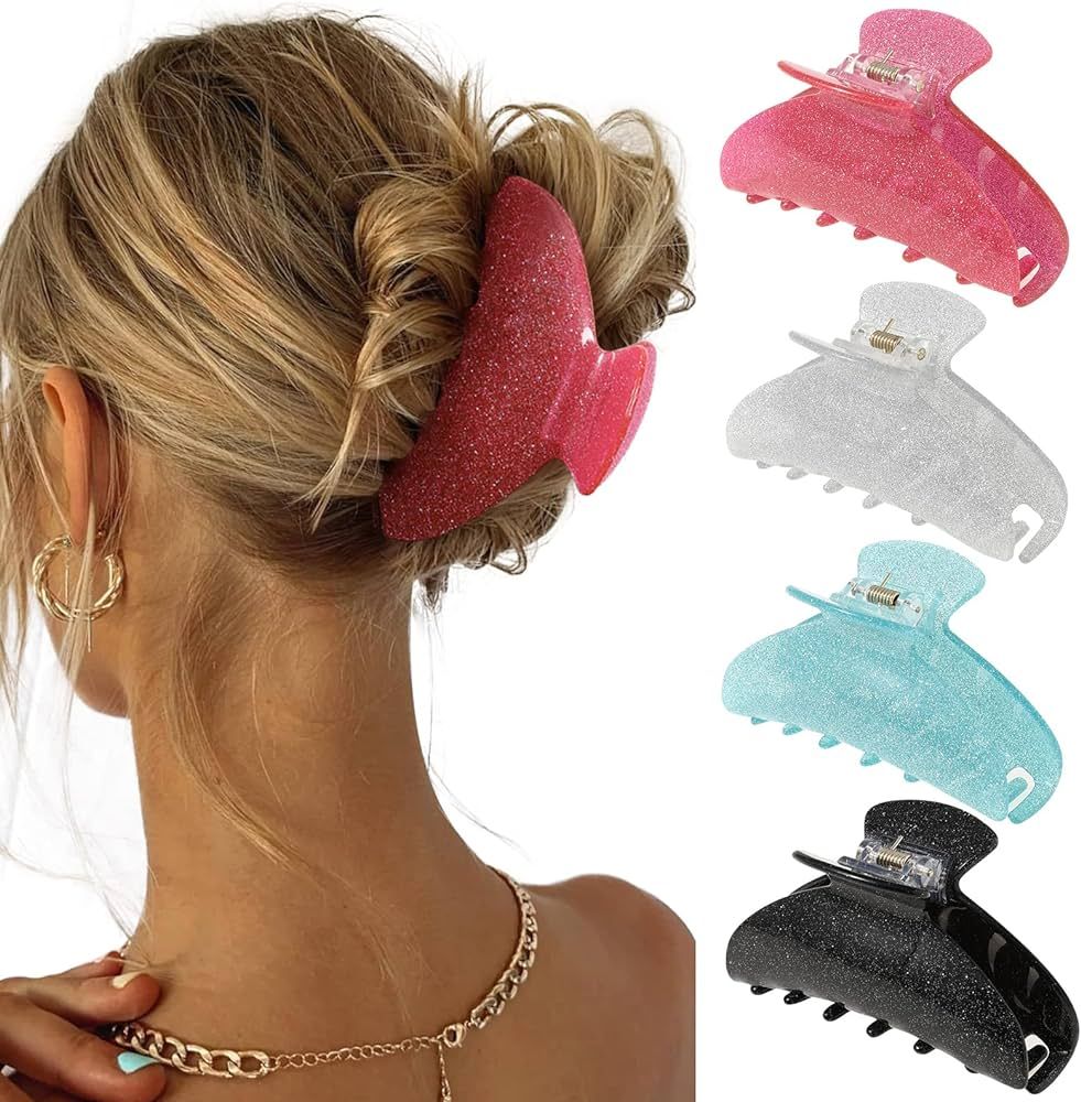 4Pcs Large Hair Claw Clips - Acrylic Big Hair Clips for Thick Hair Strong Hold Hair Jaw Clips Non-sl | Amazon (US)