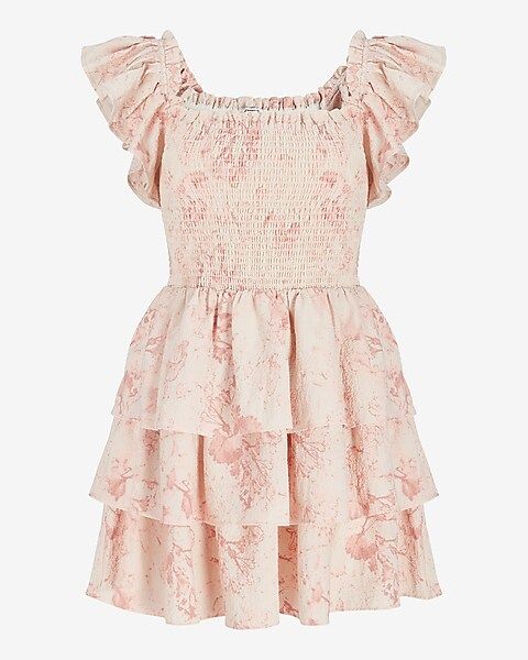 Watercolor Print Smocked Tiered Ruffle Dress | Express