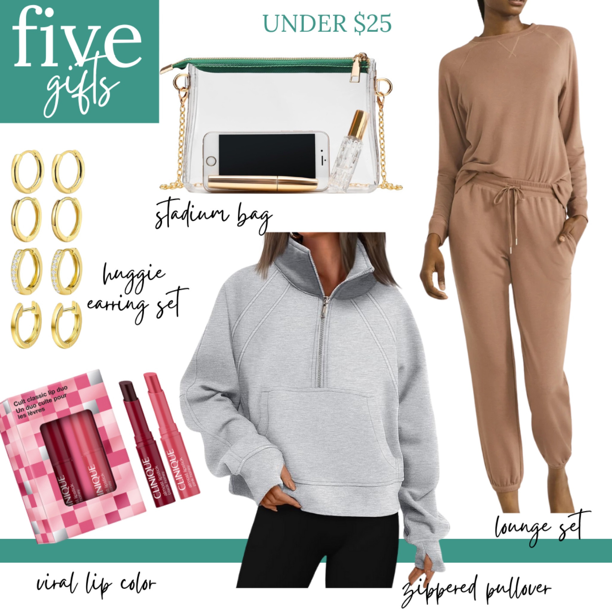 5️⃣ gifts under $25

Women, zipper pullover sweatshirt, Huggie gold earring set, Clinique lip color, lounge set, clear stadium bag

#LTKGiftGuide #LTKHoliday #LTKCyberWeek