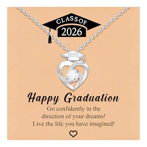 Graduation Necklace Gift for Her - Class of 2026 Cubic Zirconia Heart Graduation Necklaces, Silver Plated Graduation Cap Necklace High School College Graduation Jewelry Gifts for Daughter Best Friends | Amazon (US)