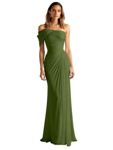 zsweof Chiffon Bridesmaid Dress Pleated Formal Party Dresses for Women Off Shoulder Evening Party Gown Olive Green Size 0 | Amazon (US)