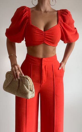 Aleydise Two Piece Set - Linen Puff Sleeve Gathered Crop Top and Pants Set in Burnt Orange | Showpo (US, UK & Europe)