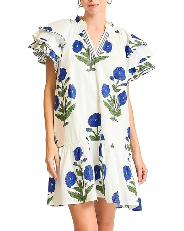 Lordree Women Boho Ruffle Sleeve Mini Dress Summer Trendy Floral Print Short Sleeve V Neck Cute B... | Amazon (US)