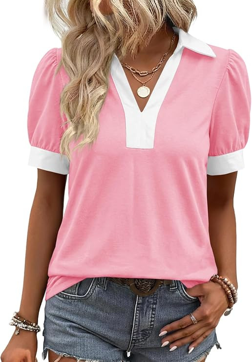 Tankaneo Womens Short Puff Sleeve Tops Summer Casual Color Block Blouses Lapel V Neck Loose Polo ... | Amazon (US)
