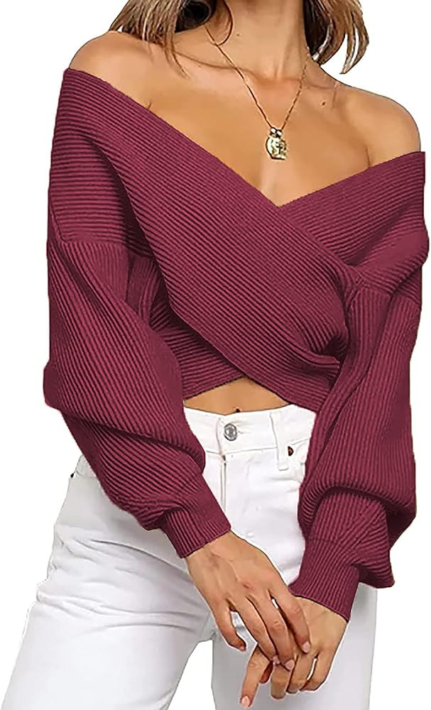 BTFBM Women Casual V Neck Long Sleeve Sweaters Cross Wrap Front Off Shoulder Asymmetric Hem Knitt... | Amazon (US)