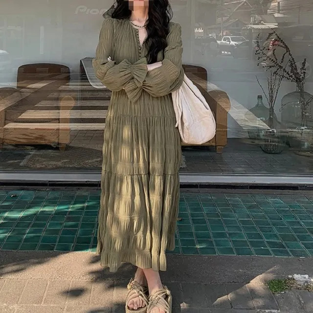 Sancus - Long-Sleeve V-Neck Plain Maxi A-Line Dress | YesStyle Global