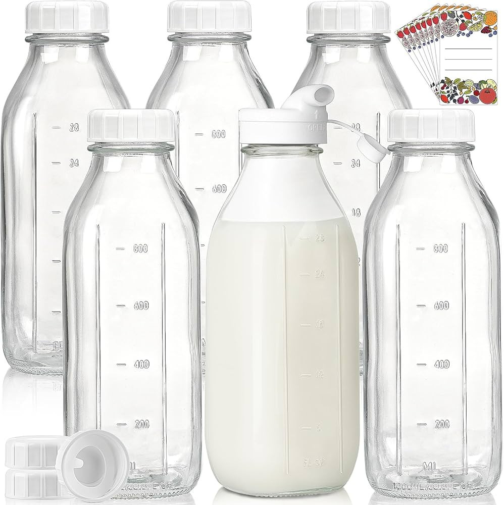 Liter Glass Milk Bottles w 100% Airtight Heavy Duty Screw Lid - 6 Pack 32 Oz Drinking Jars - Food... | Amazon (US)