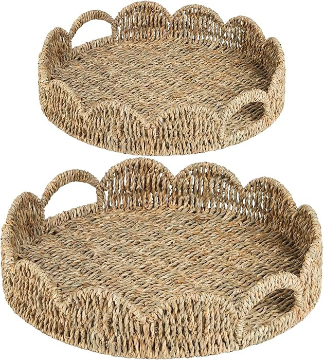 Scalloped Serving Tray, 13.8" Woven Round Table Decor Tray, Wicker Rattan Basket with Handles, Na... | Amazon (US)