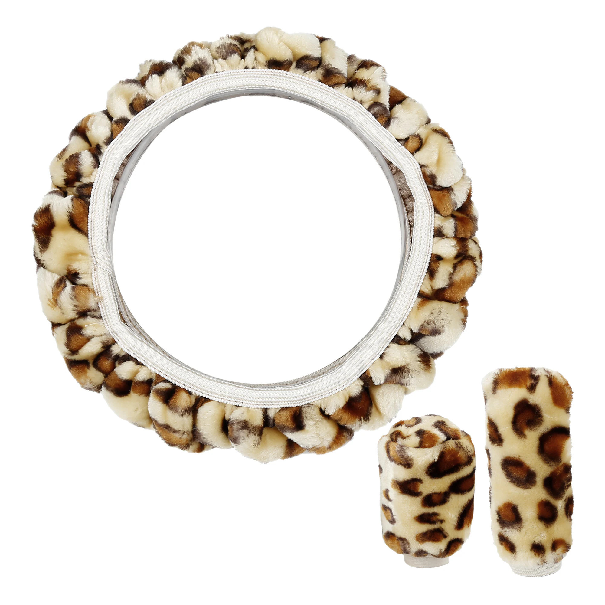 Unique Bargains 1 Set Elastic Leopard Pattern Fluffy Car Steering Wheel Cover with Handbrake Gear Shift Cover Universal Beige | S25112102UX1412 | Lowe's